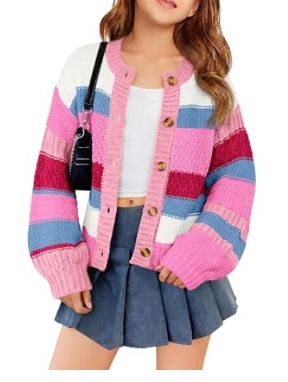 Girls Color Block Cardigan Sweaters Button Up Knit Sweater Pink